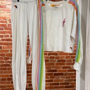 Aviator Nation Women’s Sweatshirt & Sweatpants Set with Rainbow Stripe Trim